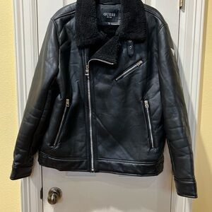 Guess Women XL Black Faux Leather Sherpa Moto Jacket Zip Grunge Biker Whimsigoth